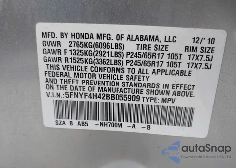 2011 Honda Pilot Ex from USA, damaged, VIN 5FNYF4H42BB055909